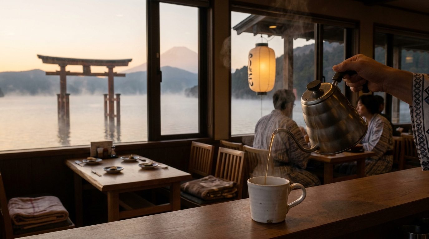 Hand-drip coffee being poured slowly into white ceramic cup at Hakone mountain café