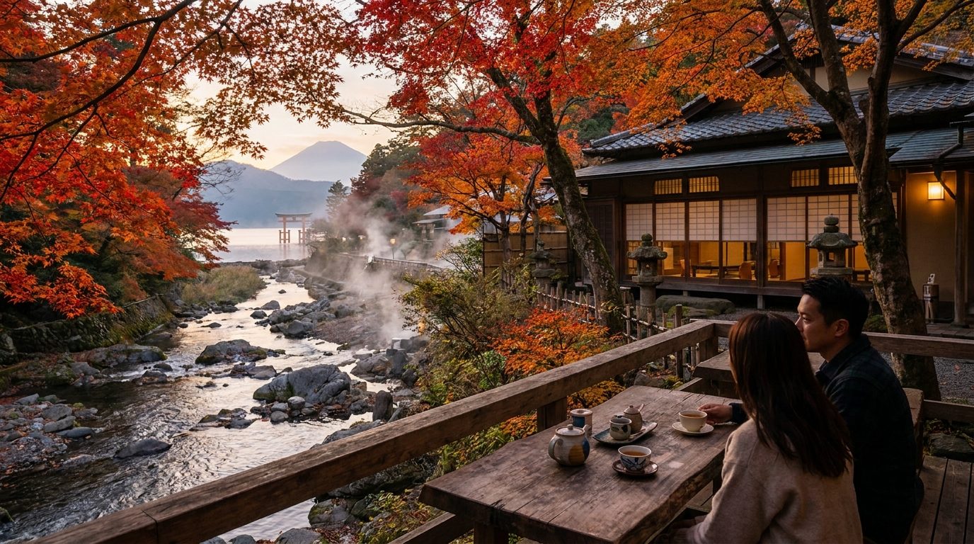 Hakone Yumoto café terrace overlooking river with autumn maple trees in background