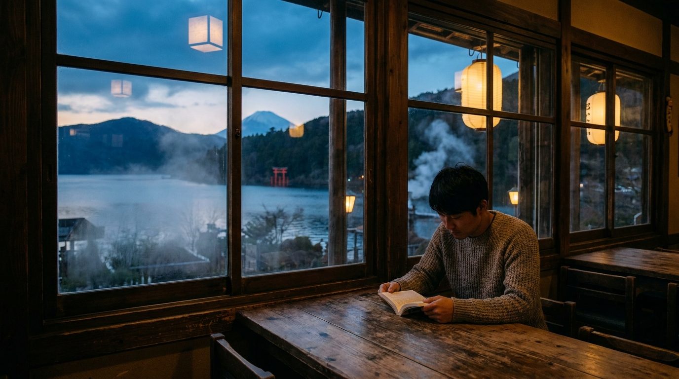 Single traveller reading book at wooden café table with Hakone forest view through large window