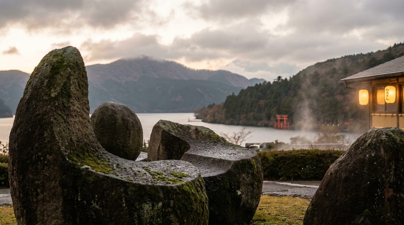 Hakone Open-Air Museum sculptural terrace with misty volcanic mountains in background