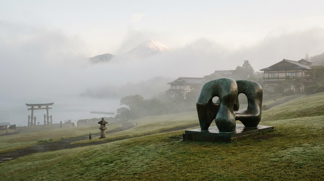 Henry Moore bronze sculpture on grassy hillside at Hakone Open-Air Museum, morning mist