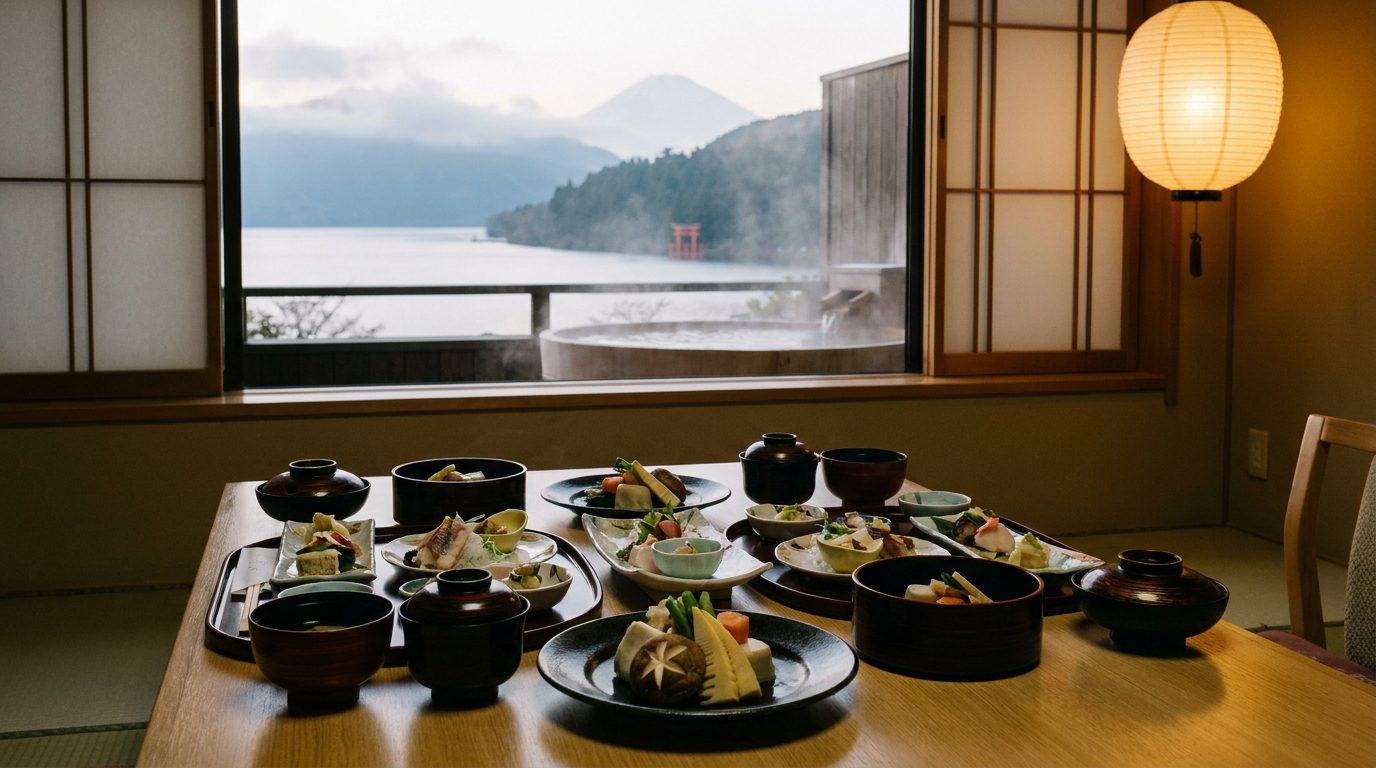 Kaiseki multi-course Japanese dinner presentation at Hakone ryokan, lacquerware and seasonal vegetables