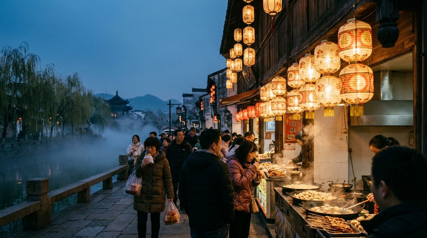 Hangzhou Hefang Street food stalls at dusk with paper lanterns glowing overhead