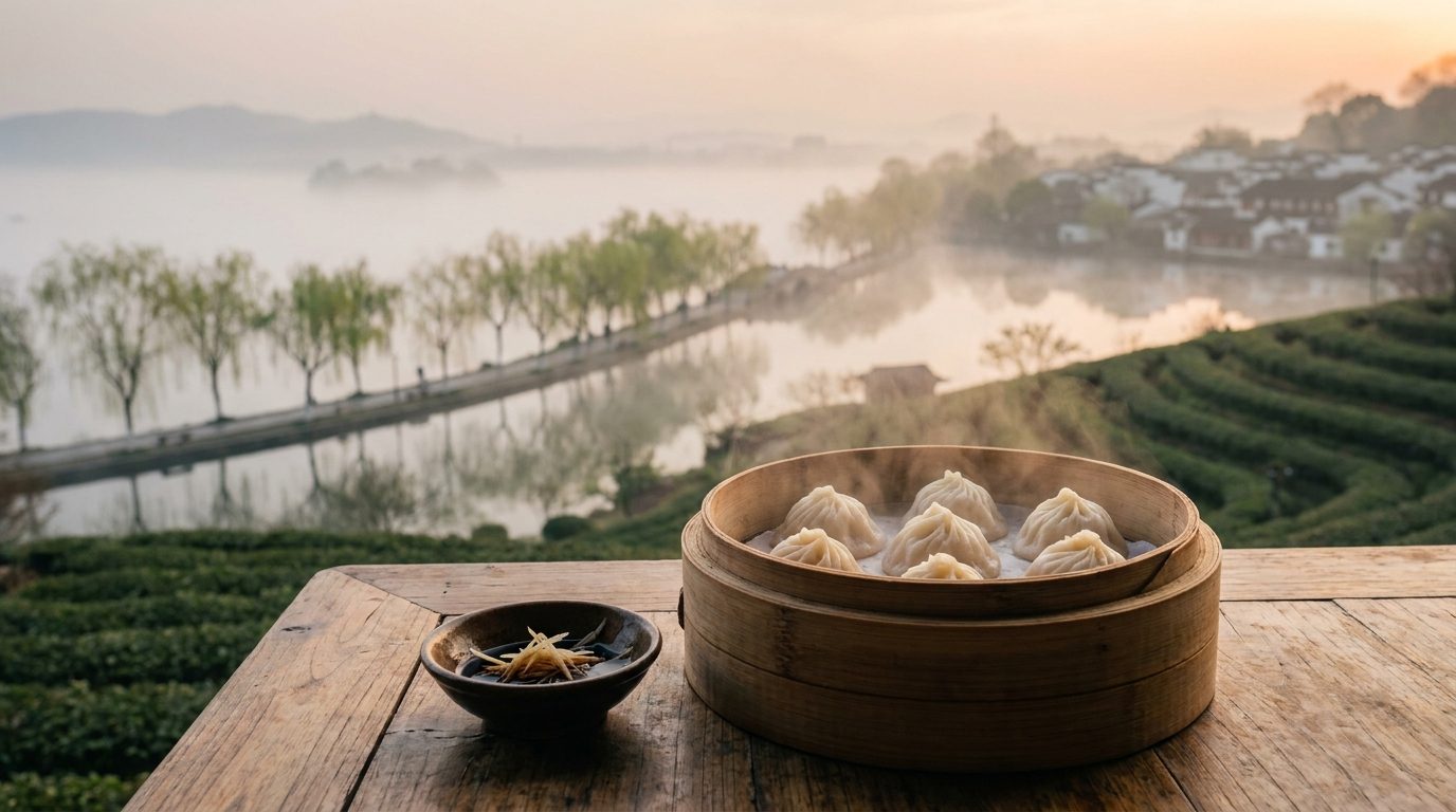 Steaming xiaolongbao dumplings on bamboo tray at Zhiweiguan Hangzhou with vinegar dip