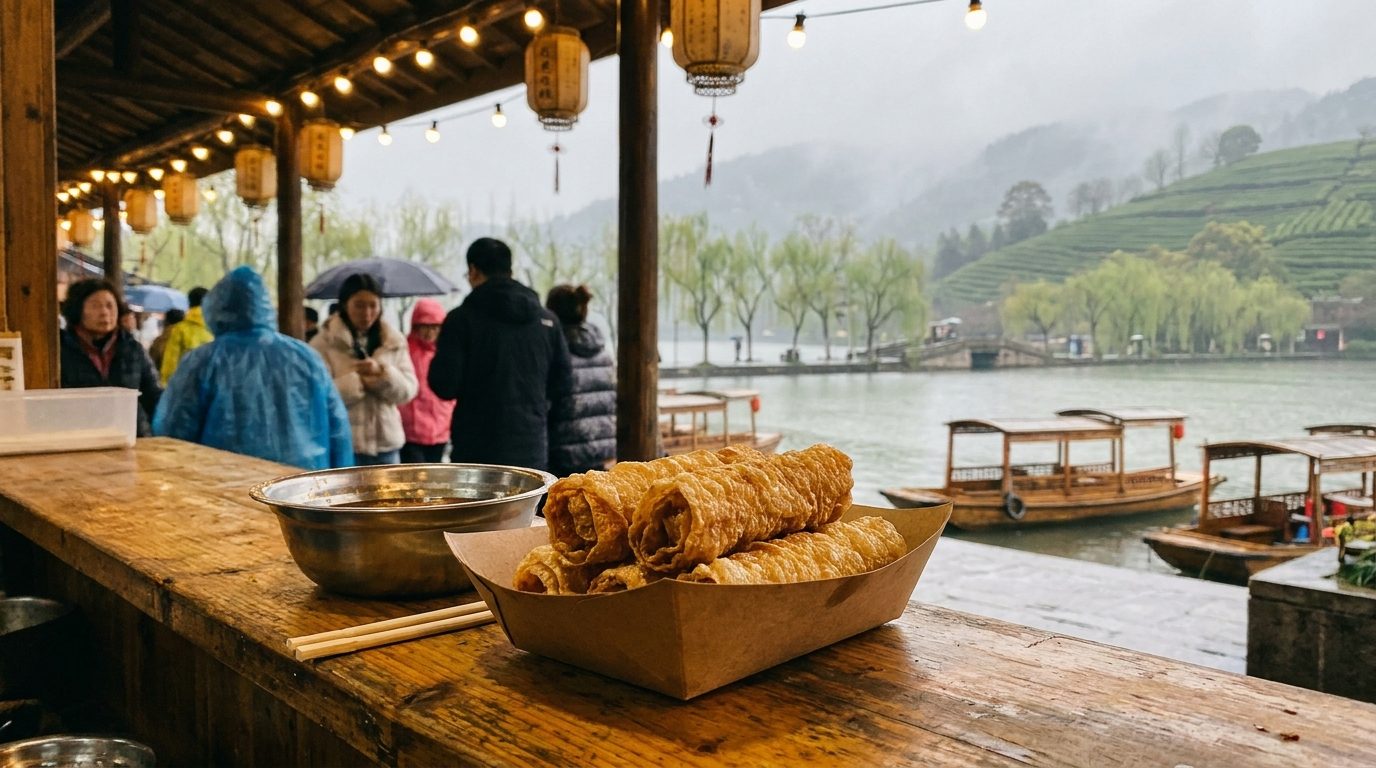 Golden fried Zha Xiang Ling rolls on paper tray at Hangzhou Wulin Night Market stall