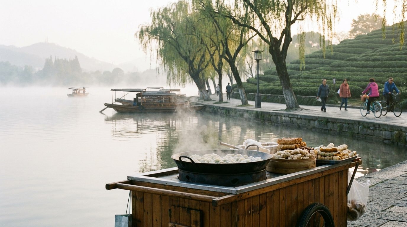 Hangzhou West Lake waterfront at morning with street food vendor cart in foreground