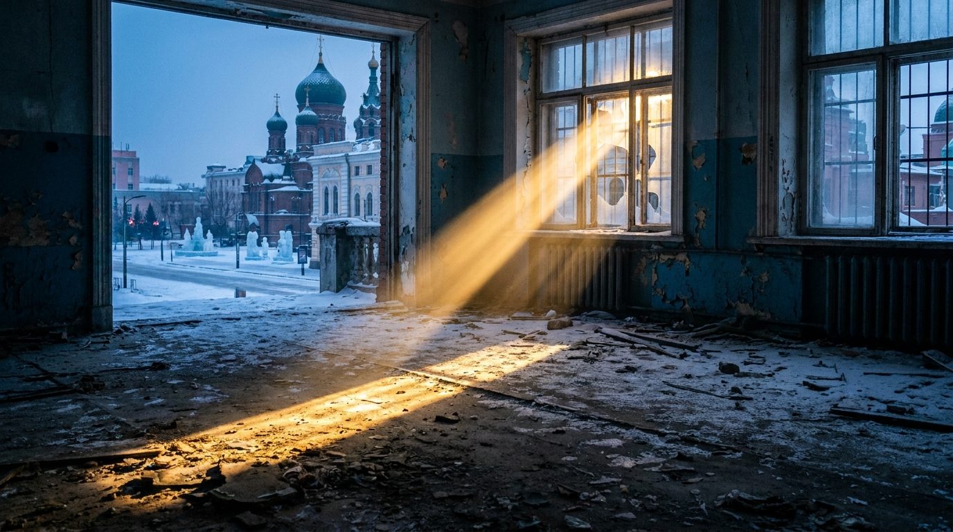 Harbin abandoned Soviet-era building interior, low winter sun casting diagonal light shaft across decayed floor