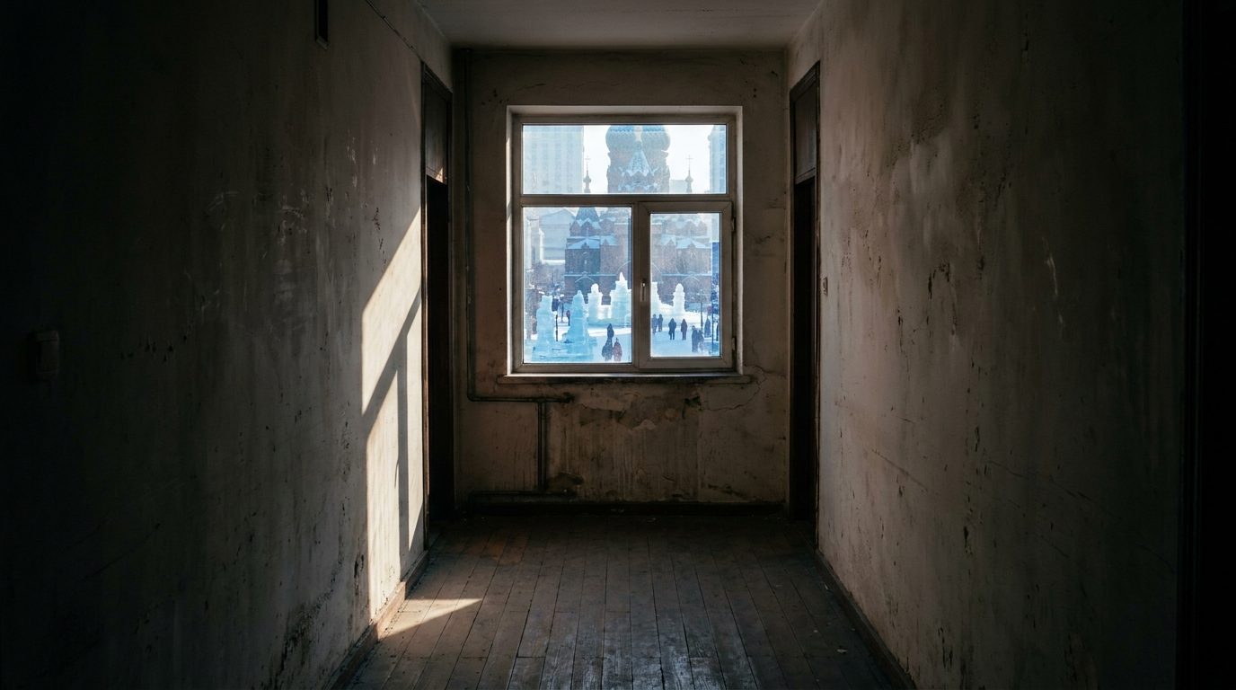 Harbin Soviet-era corridor interior, single narrow light shaft cutting through dark hallway at low winter angle