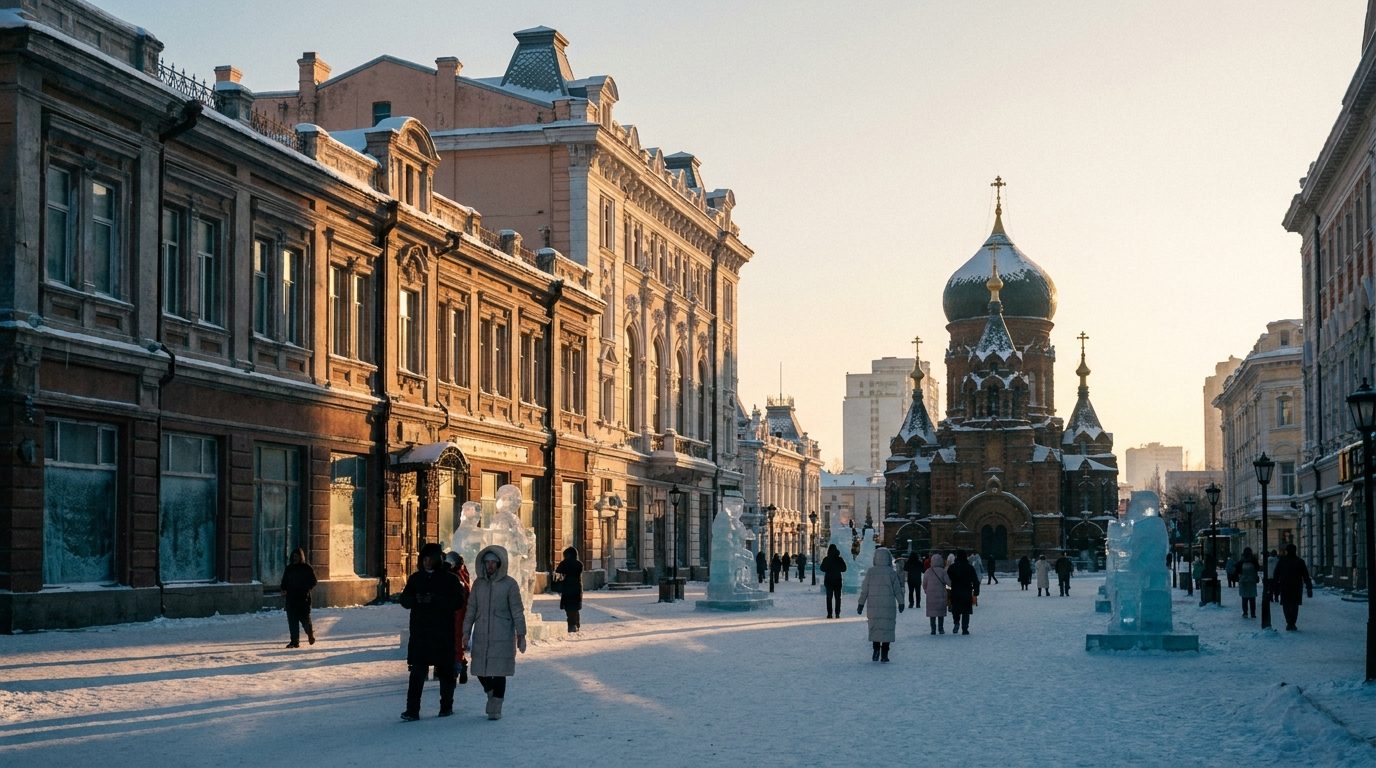 Harbin winter street scene at golden hour, low sun casting long shadows across snow-covered Soviet architecture