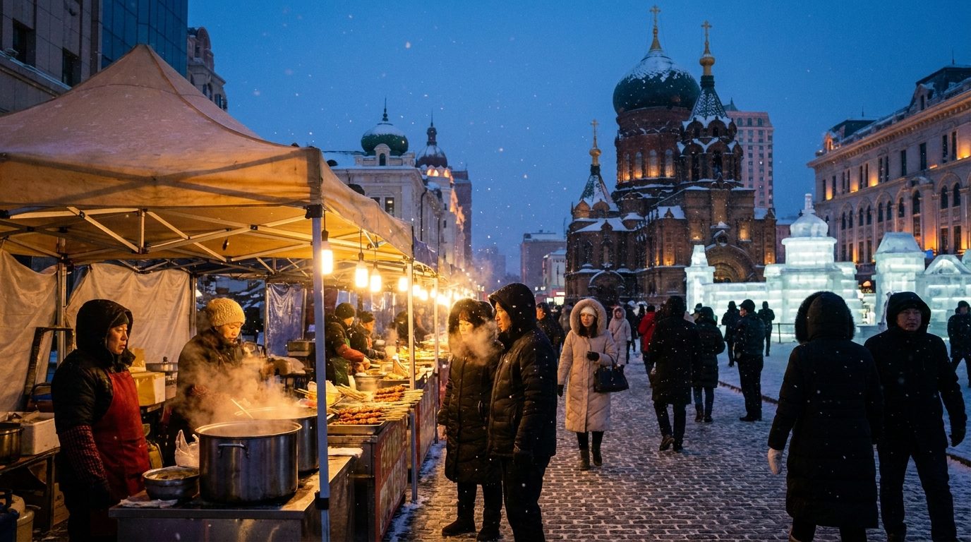Harbin Zhongyang Dajie night market winter street food stalls lit up in snow