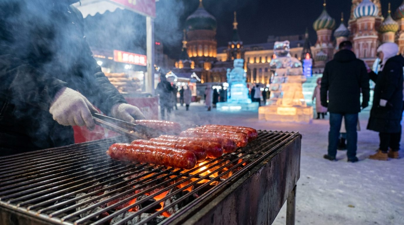 Close-up of sizzling Harbin red sausage on charcoal grill at outdoor night market