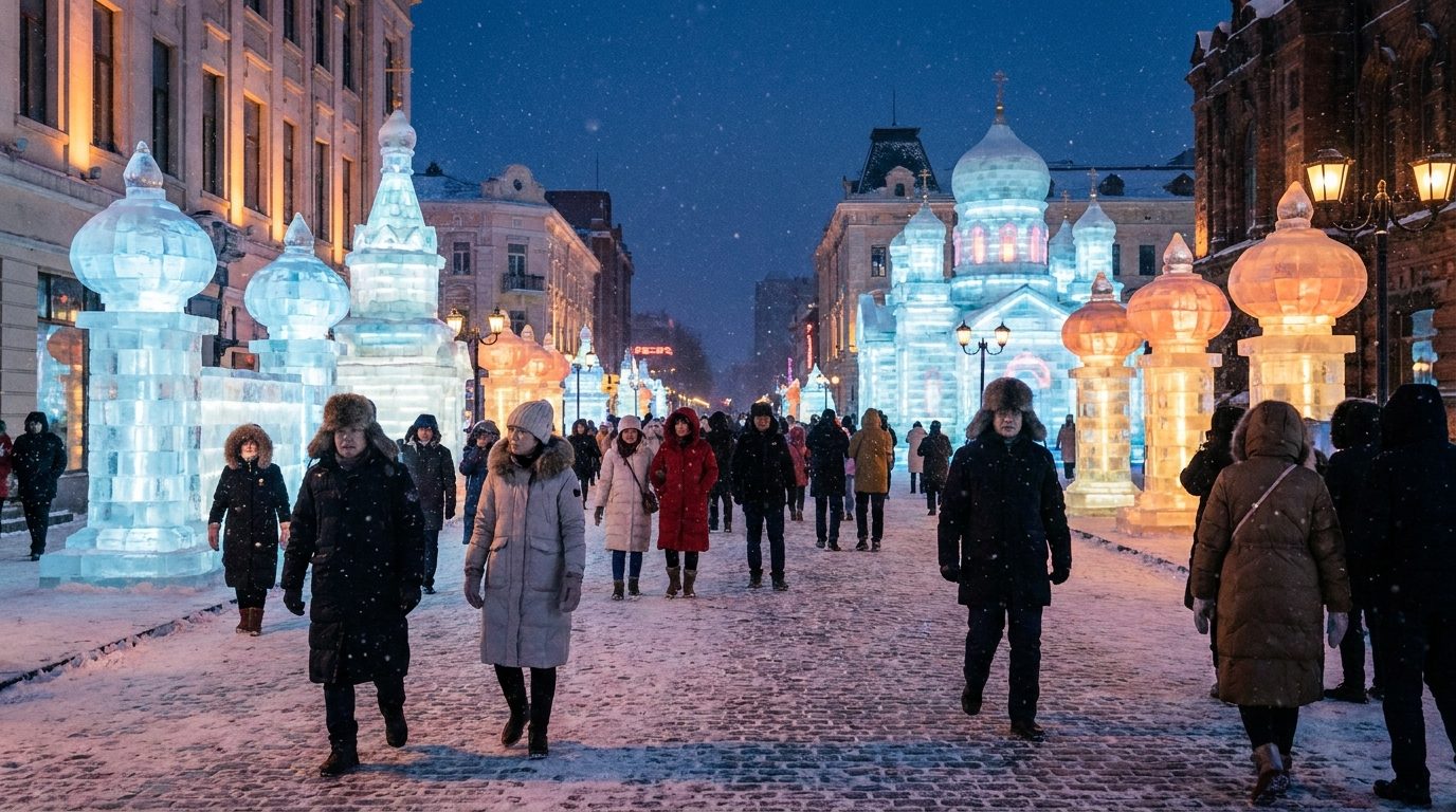 Harbin ice lanterns glowing at night market with tourists wearing heavy winter coats