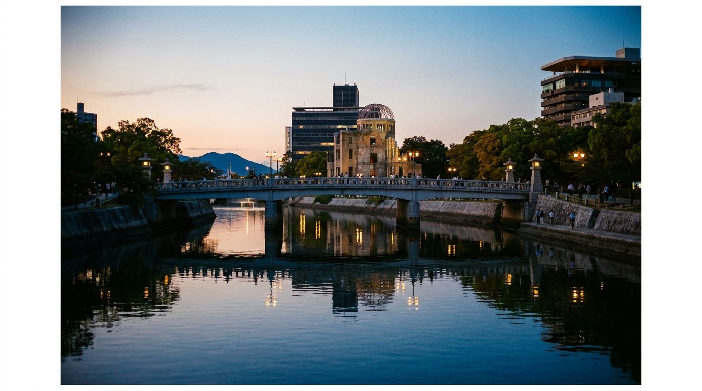 Hiroshima Peace Memorial Park and Motoyasu River at dusk, viewed from Aioi Bridge