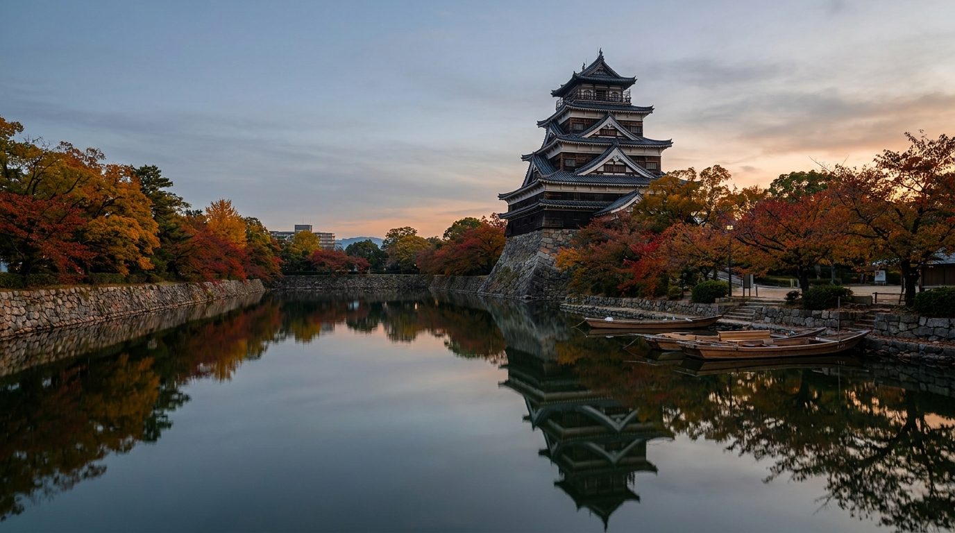 Hiroshima Castle concrete reconstruction reflected in moat surrounded by autumn foliage