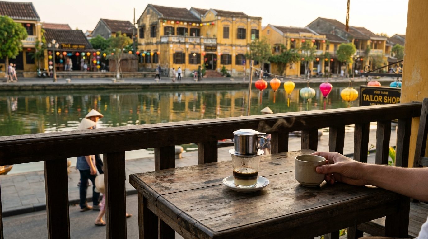 Hoi An ancient town café wooden table Vietnamese drip coffee phin filter morning light