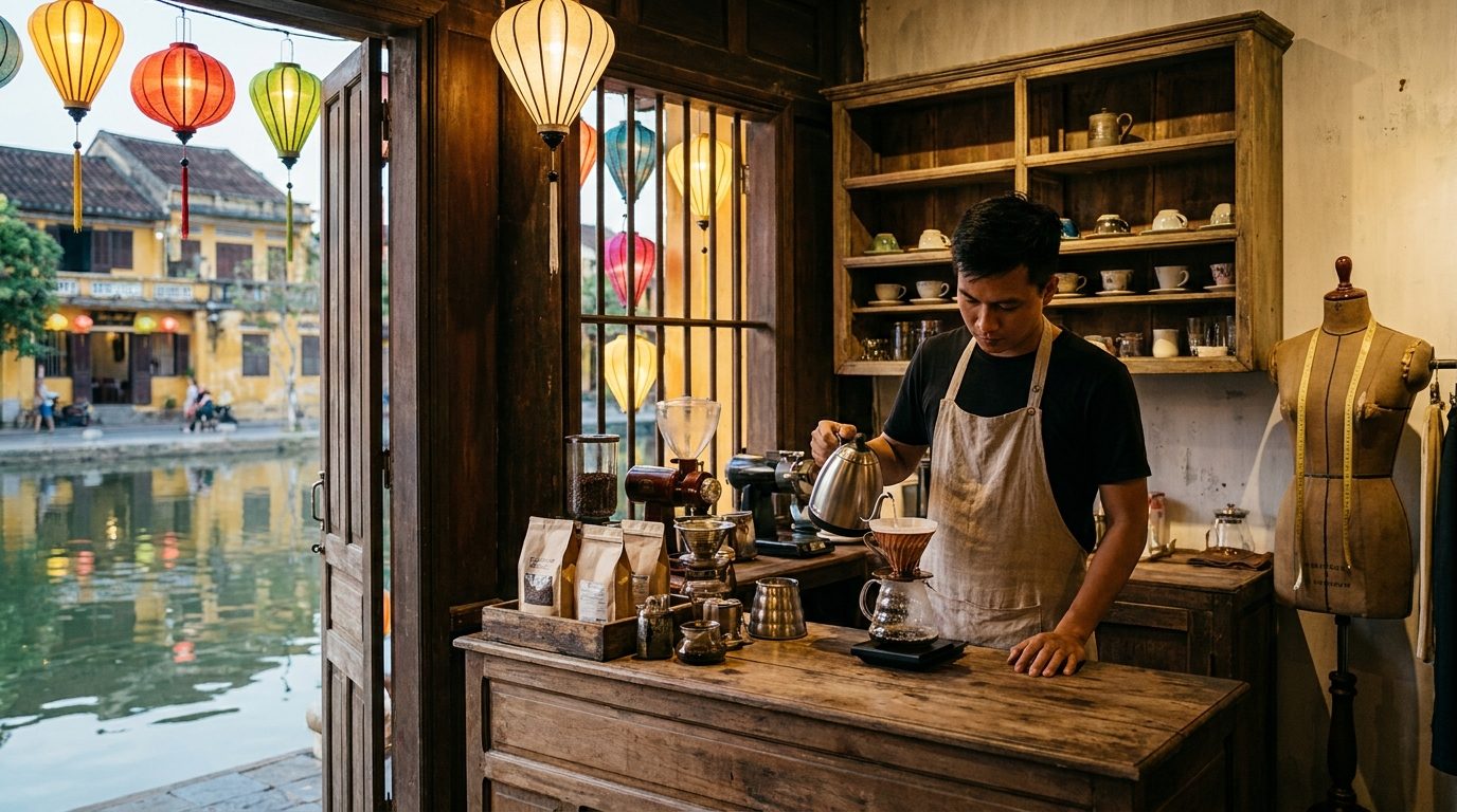Hoi An specialty coffee pour over barista wooden counter Vietnamese café interior
