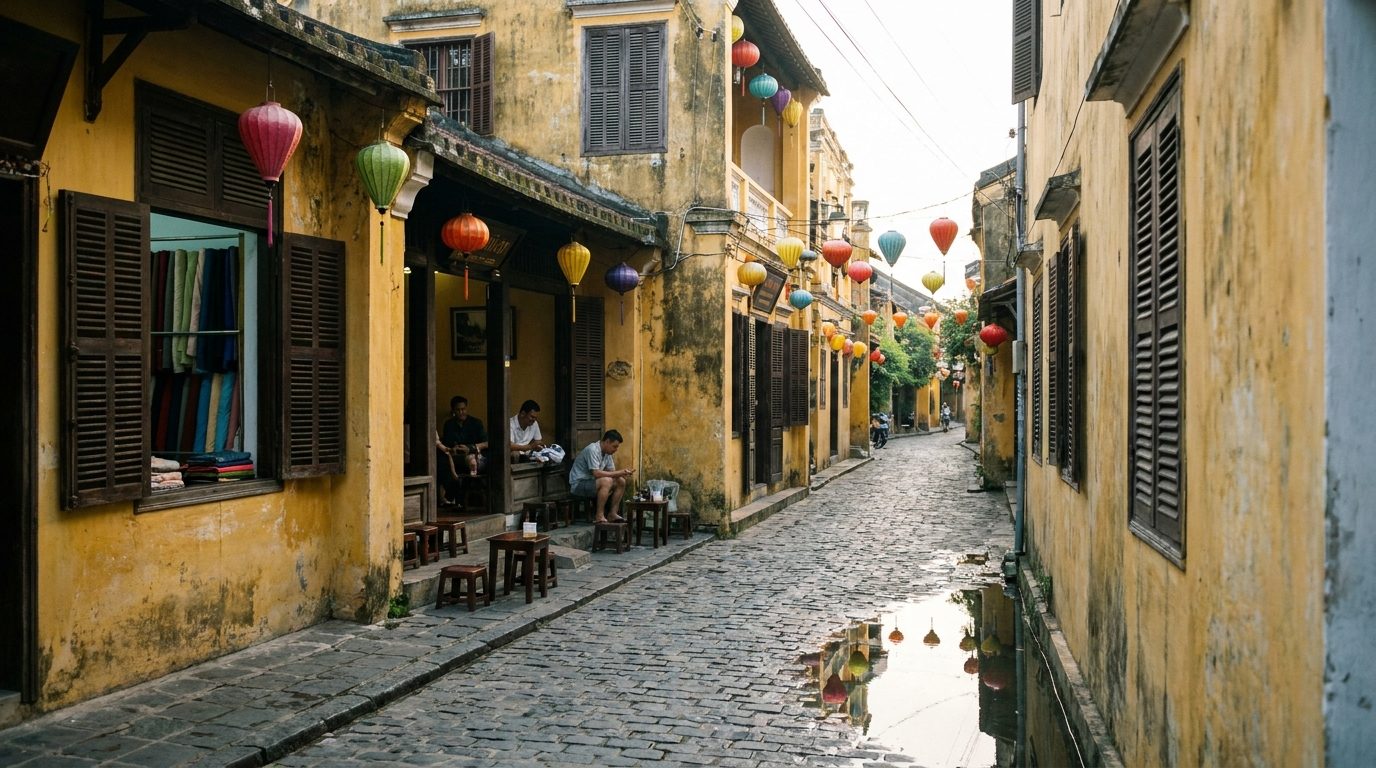 Hoi An ancient town street narrow alley morning coffee shop wooden shutters