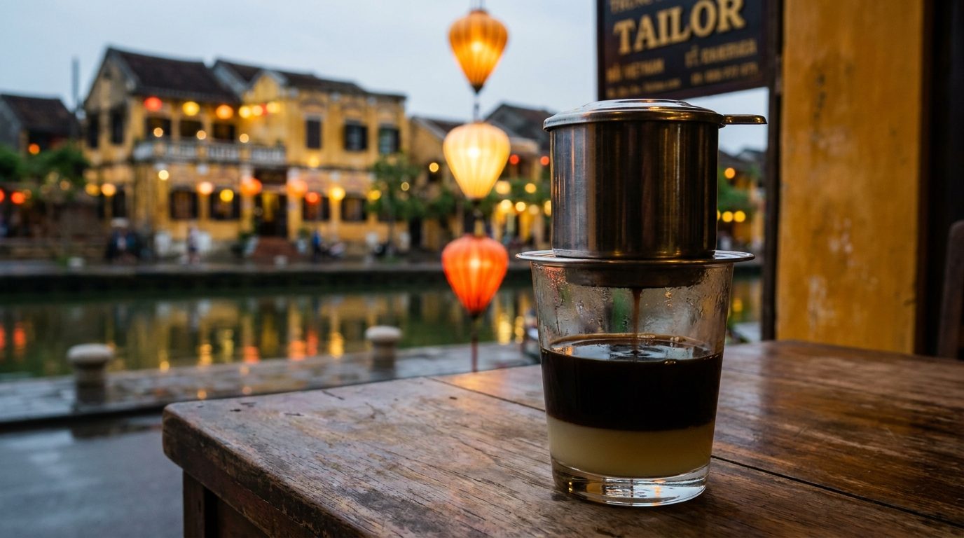 Vietnamese phin drip coffee filter condensed milk glass Hoi An café table close-up