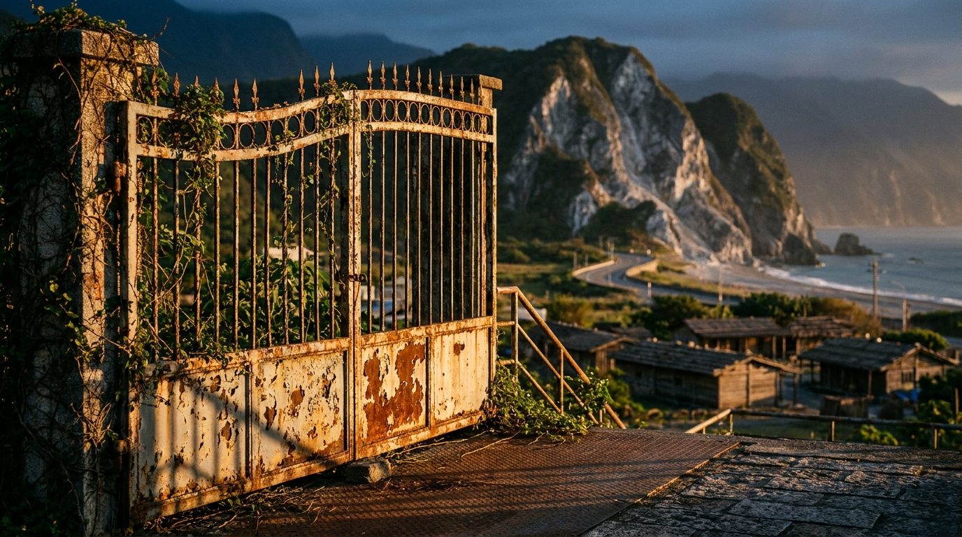 Rusty iron gate at Hualien old railway warehouse at dusk, warm side light