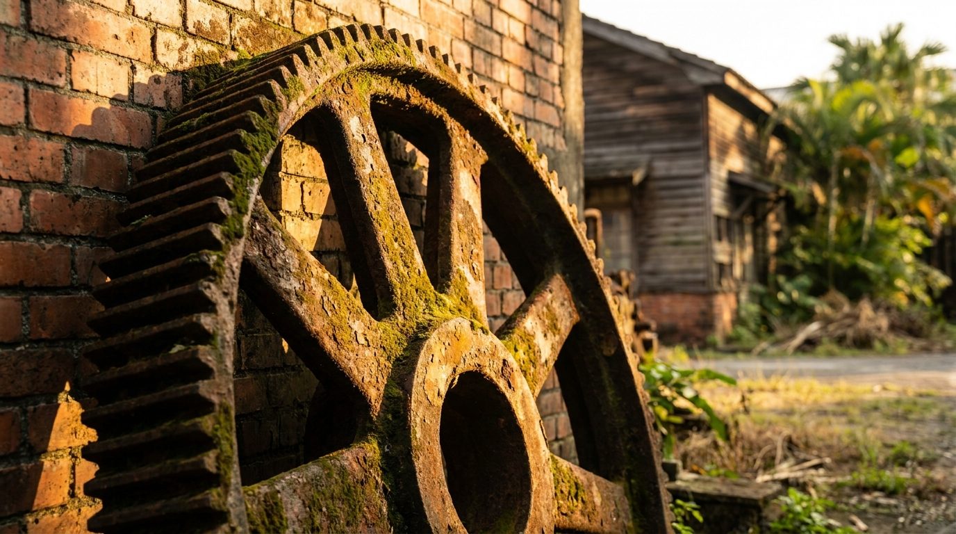 Hualien Sugar Factory rusted gearwheel in golden hour side light, 85mm close-up