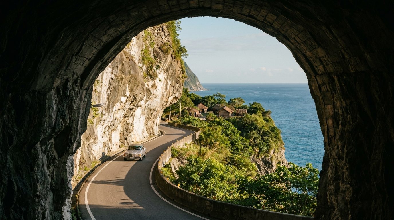 Hualien Qingshui Cliff old tunnel south entrance framing coastal highway, afternoon sidelight