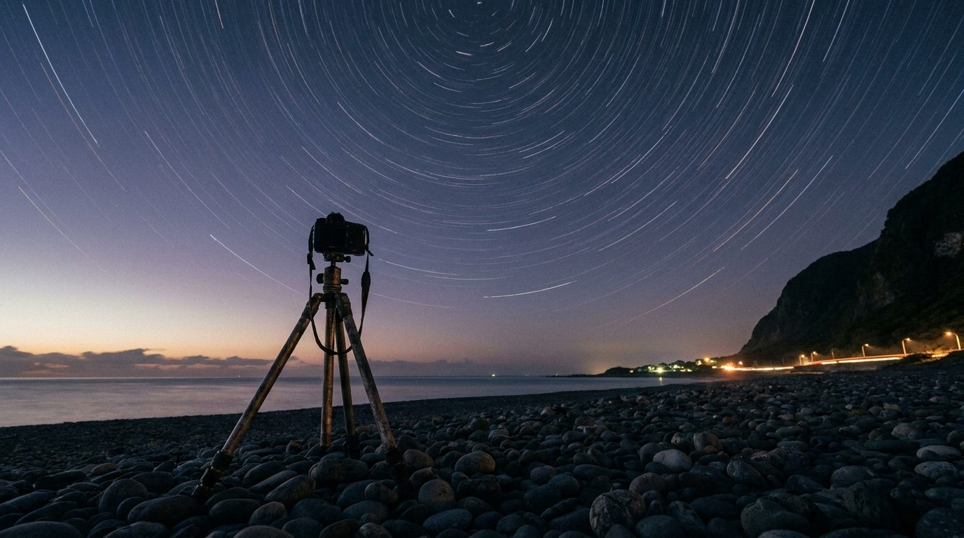 Hualien Qixingtan pebble beach at night, star trail above Pacific horizon, tripod foreground