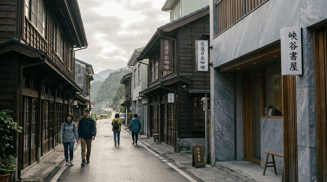 Hualien old city street with renovated Japanese-era shophouses and new café signage
