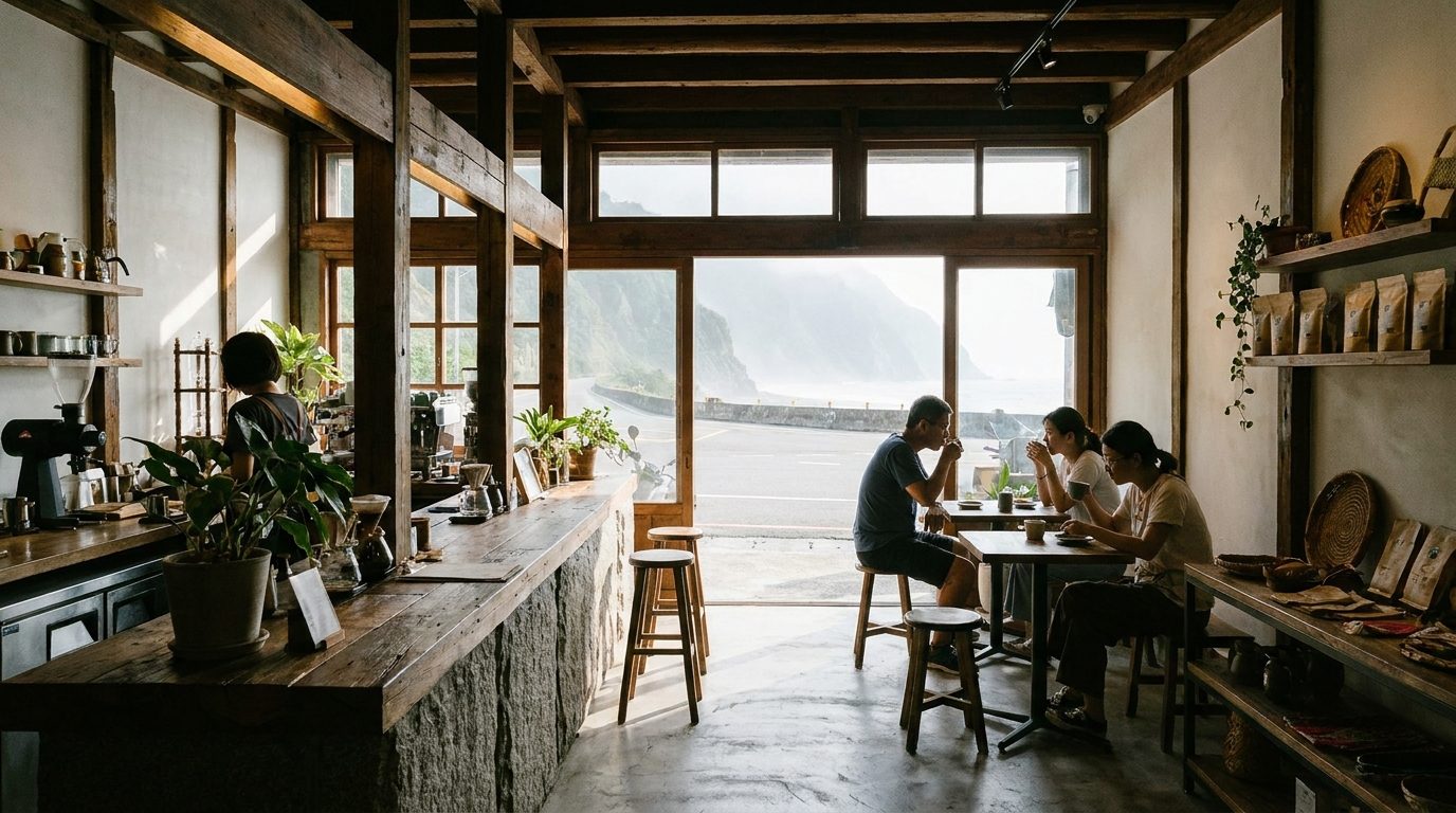 Interior of a renovated 1930s Japanese wooden shophouse now operating as a specialty coffee bar in Hualien