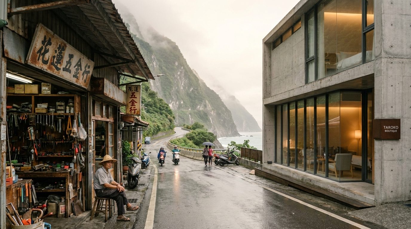 Hualien street scene showing contrast between old hardware store and new boutique accommodation side by side
