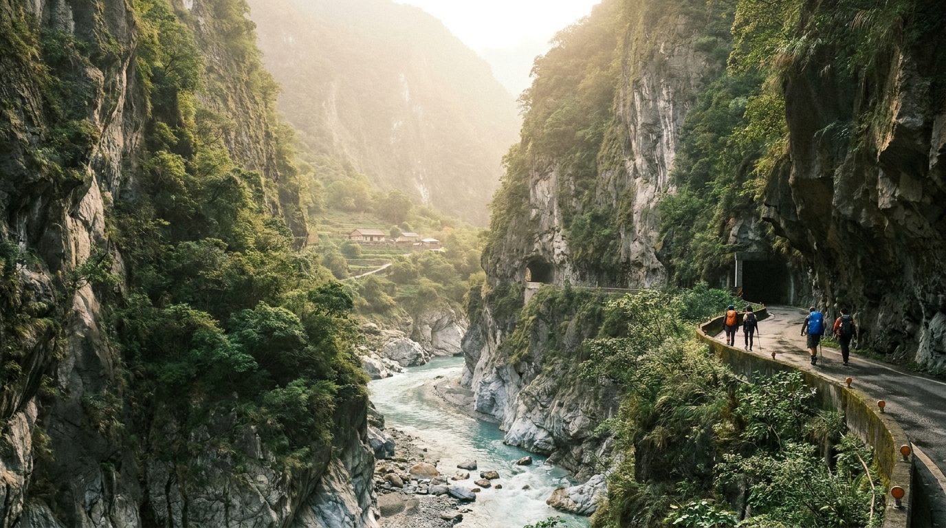 Taroko Gorge limestone cliffs rising above Liwu River, viewed from Swallow Grotto trail, Hualien, Taiwan