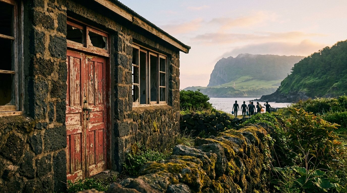 Abandoned Jeju guesthouse facade at sunrise, basalt stone wall with peeling red door