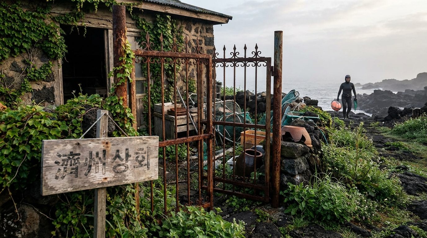 Rusty iron gate of abandoned Jeju village store, detailed texture in morning sidelight