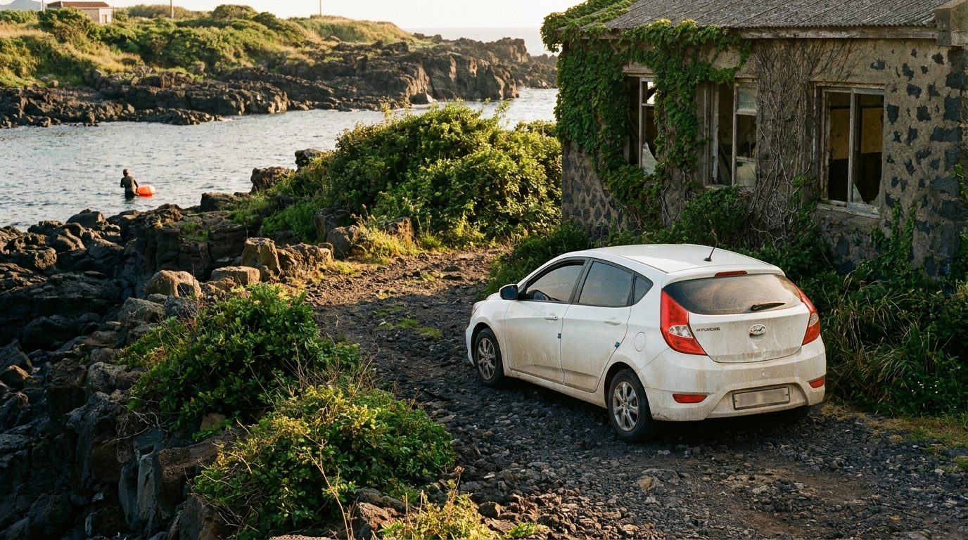 Jeju rental car parked on unpaved rural road beside overgrown abandoned building at golden hour