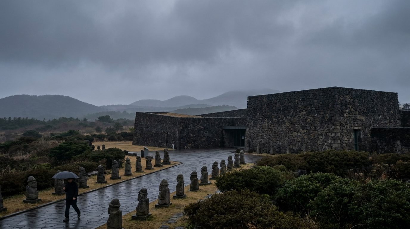 Jeju April 3rd Peace Park memorial hall exterior with volcanic stone and grey sky