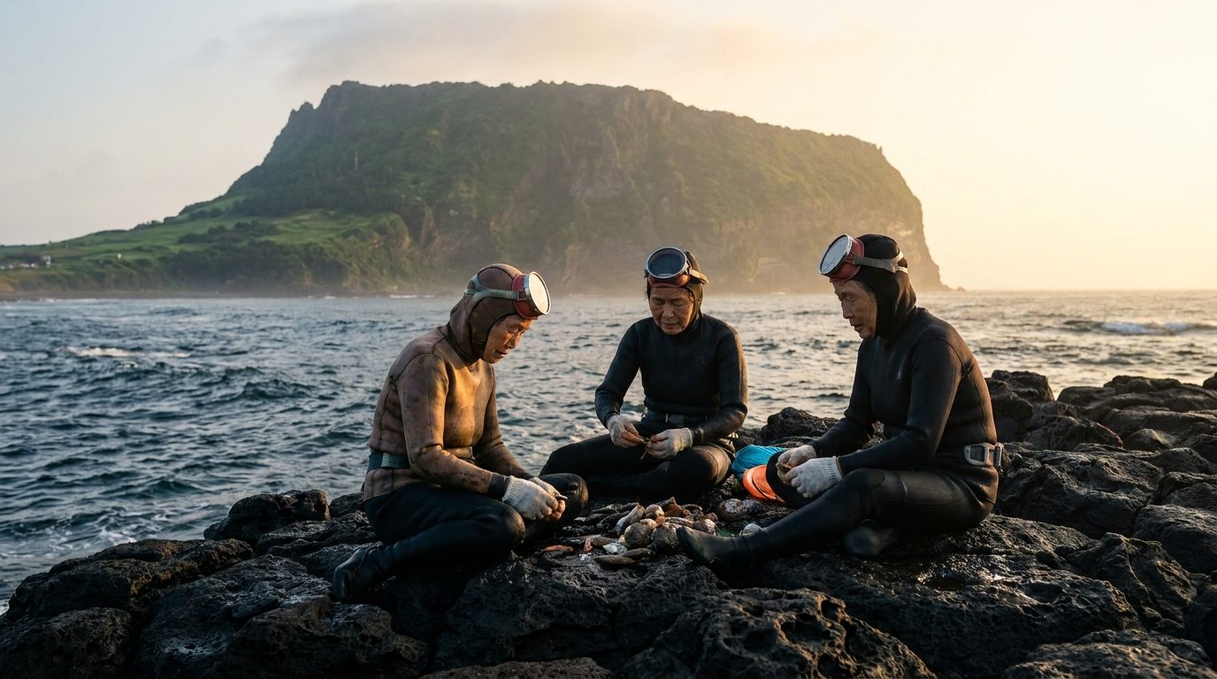Haenyeo women resting beside volcanic rock coastline in southern Jeju island