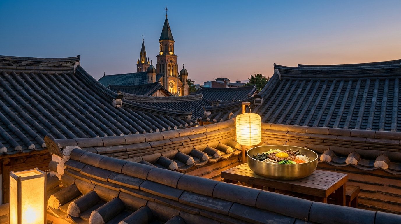 Jeonju Hanok Village rooftop tiles at dusk with Jeondong Catholic Cathedral visible behind