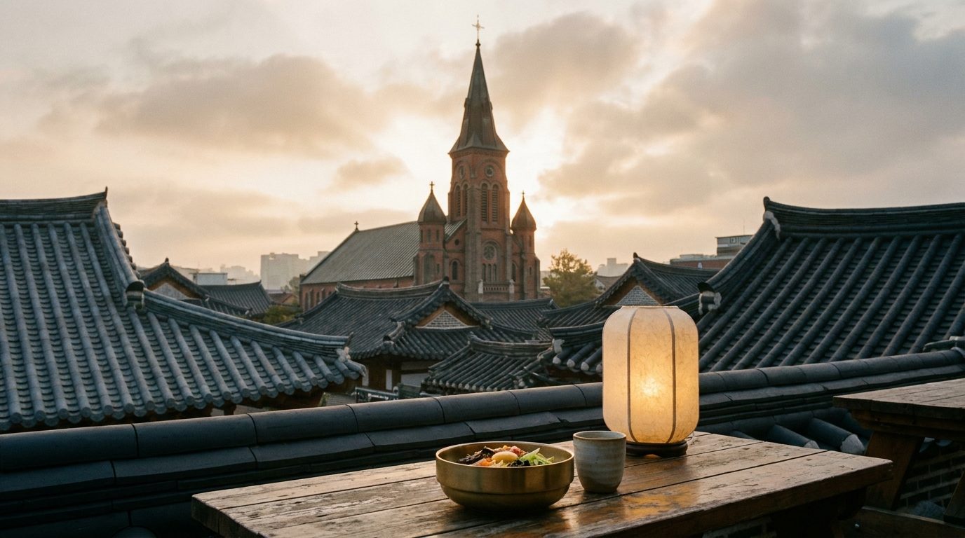 Jeondong Catholic Cathedral red brick facade contrasted against traditional Korean hanok rooftiles