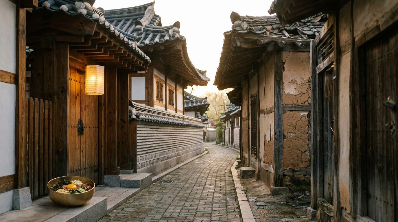 Narrow alleyway between hanok buildings in Jeonju with contrasting restored and deteriorated facades
