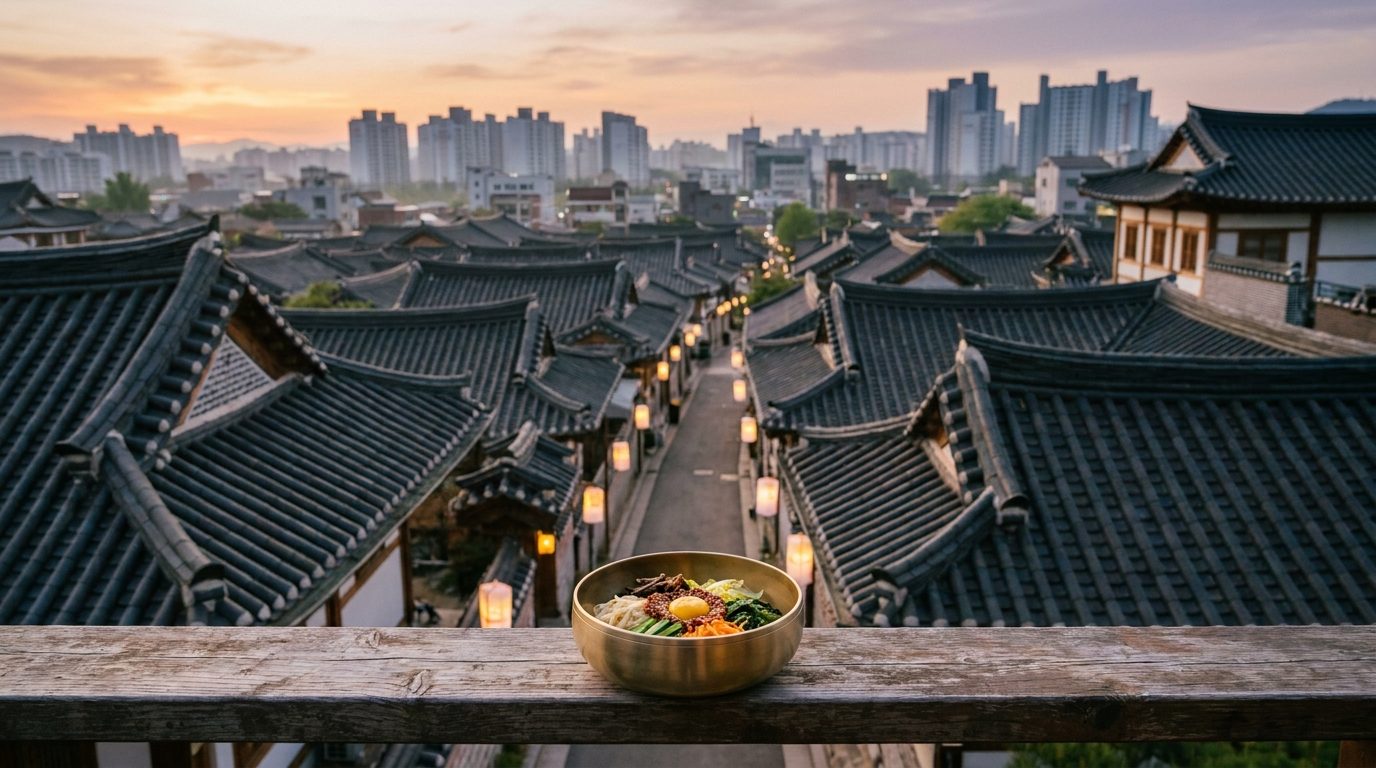 View from Omokdae hill over Jeonju Hanok Village rooftops toward modern city boundary