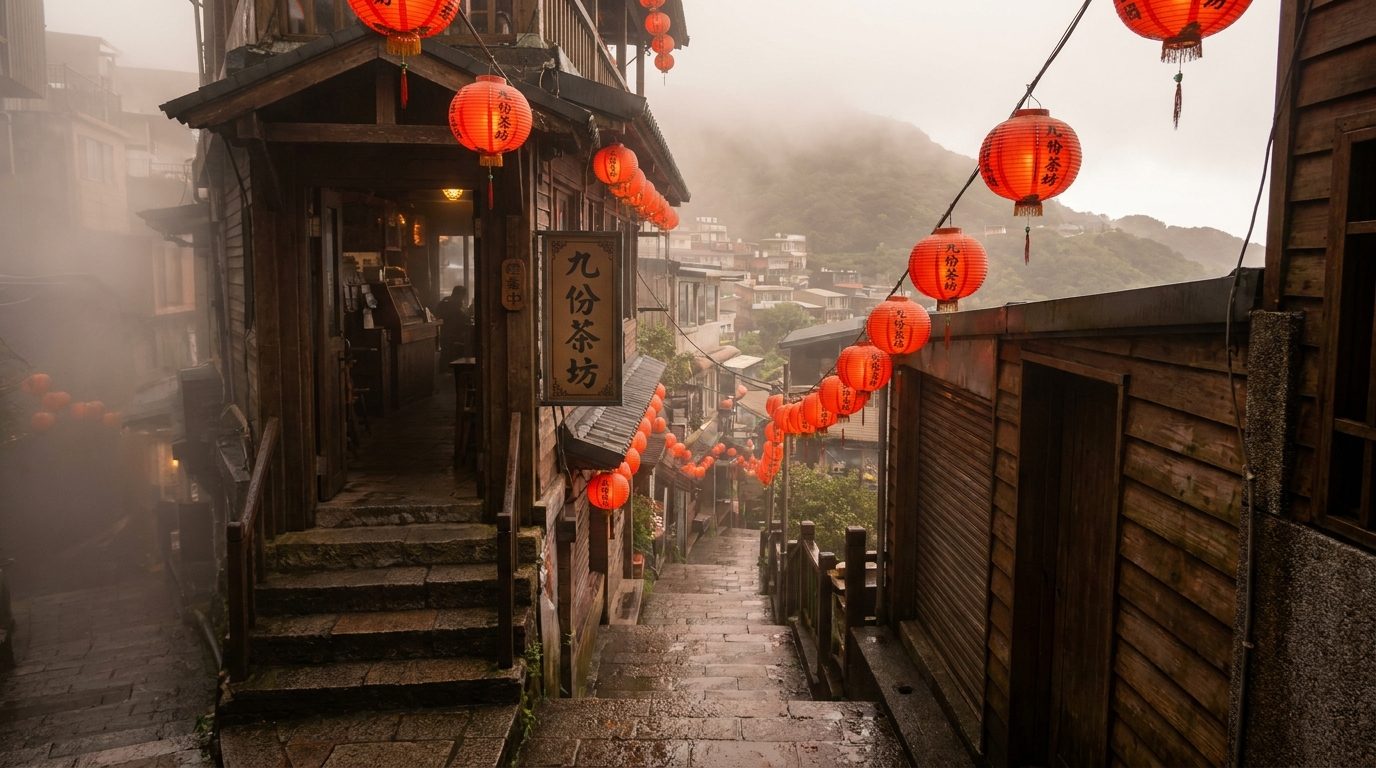 Jiufen old street morning fog with red lanterns and café entrance steps