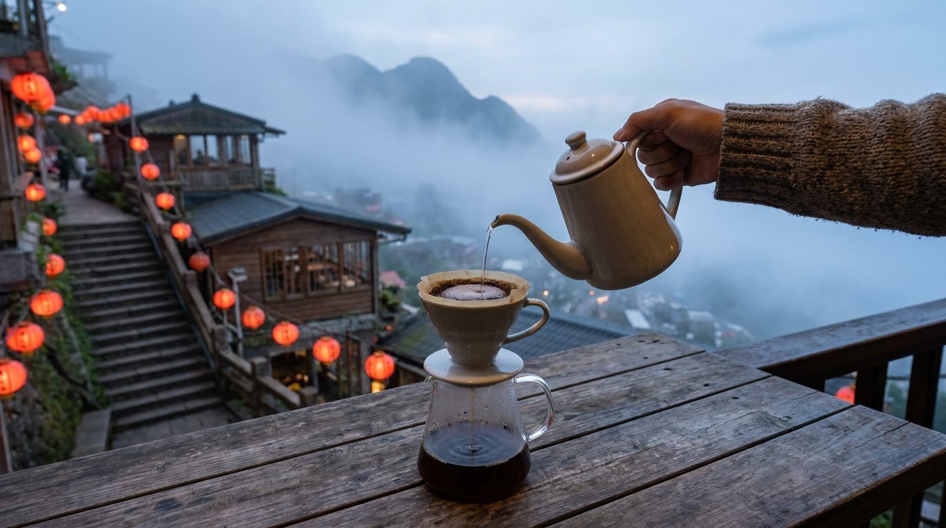 Hand-poured filter coffee on wooden table overlooking Jiufen mountain mist