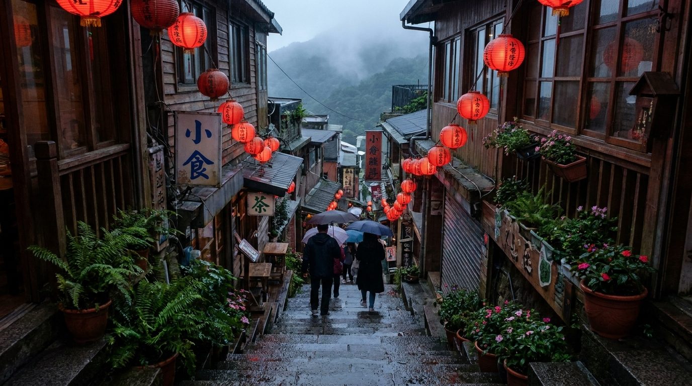 Jiufen steep stone steps lined with small café signs and potted plants