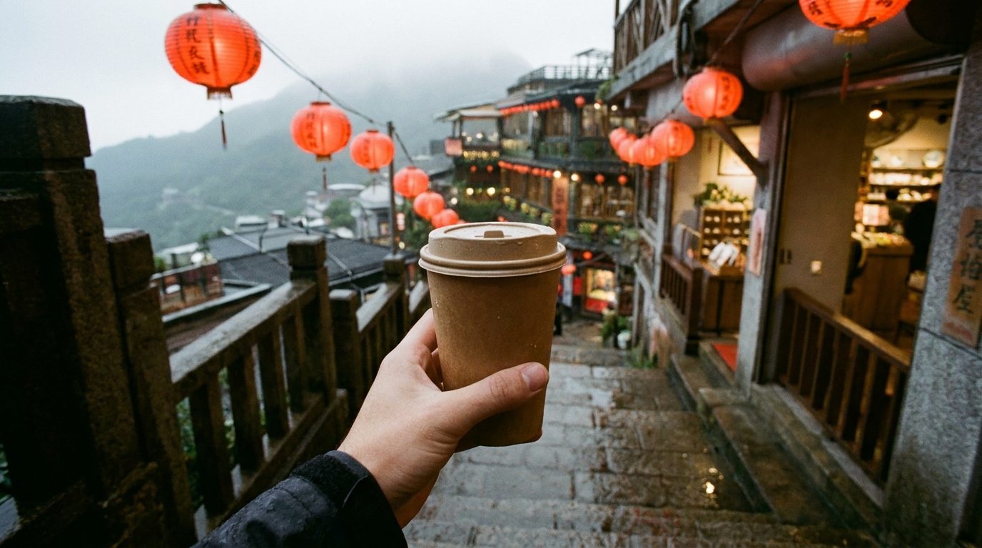 Takeaway coffee cup held by hand against rainy Jiufen stone steps background