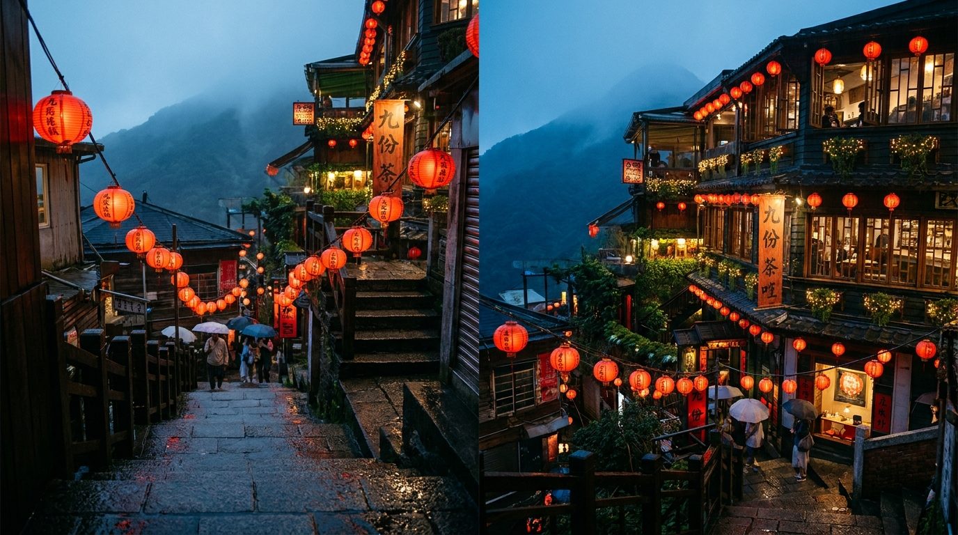 Jiufen hillside teahouses at dusk with red lanterns reflected in rain-slicked stone steps