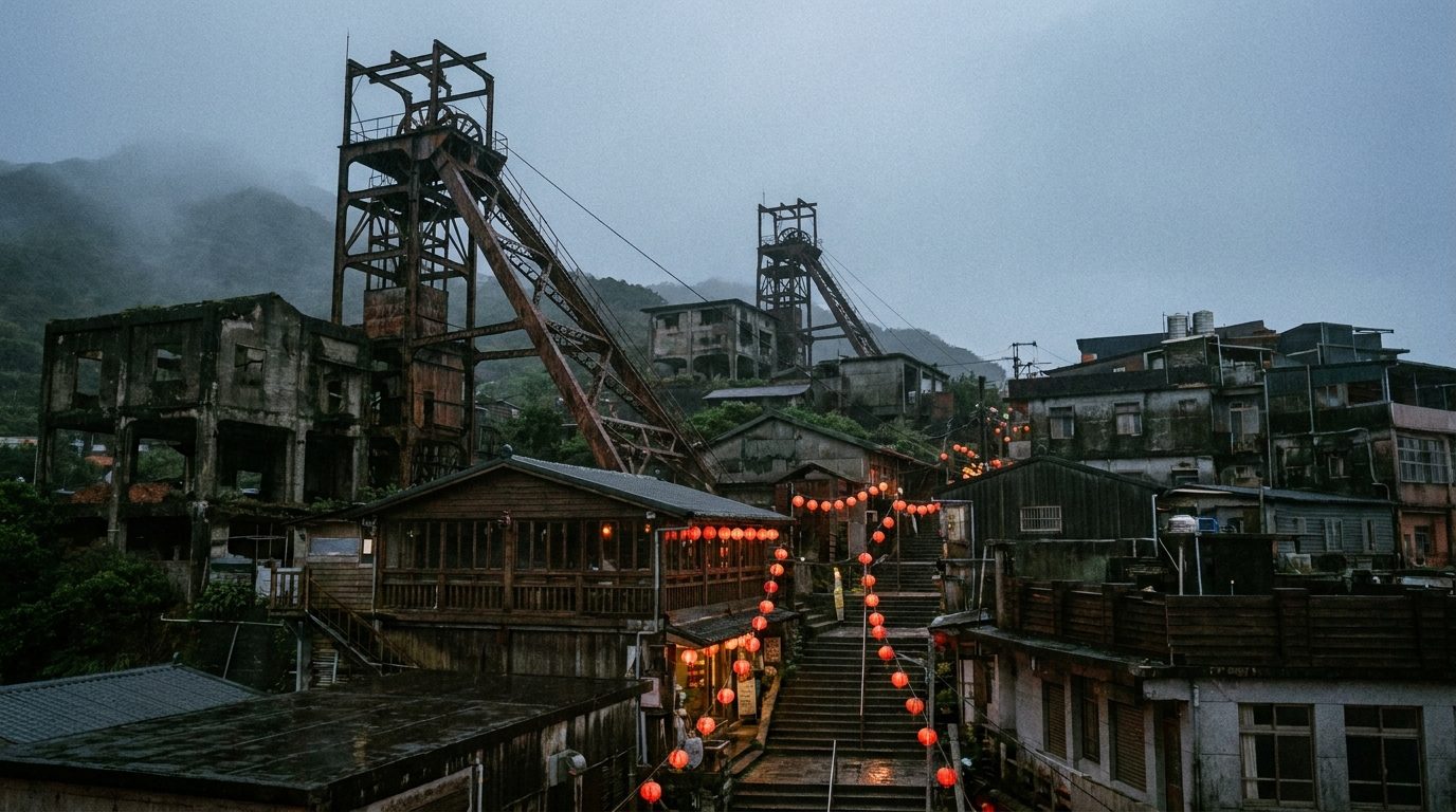 Abandoned Japanese-era mining infrastructure at Jinguashi with rusted headframe against grey sky