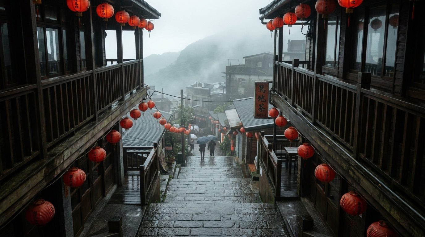 Jiufen stone steps at Shuchi Road in morning mist with wooden teahouse facades and paper lanterns