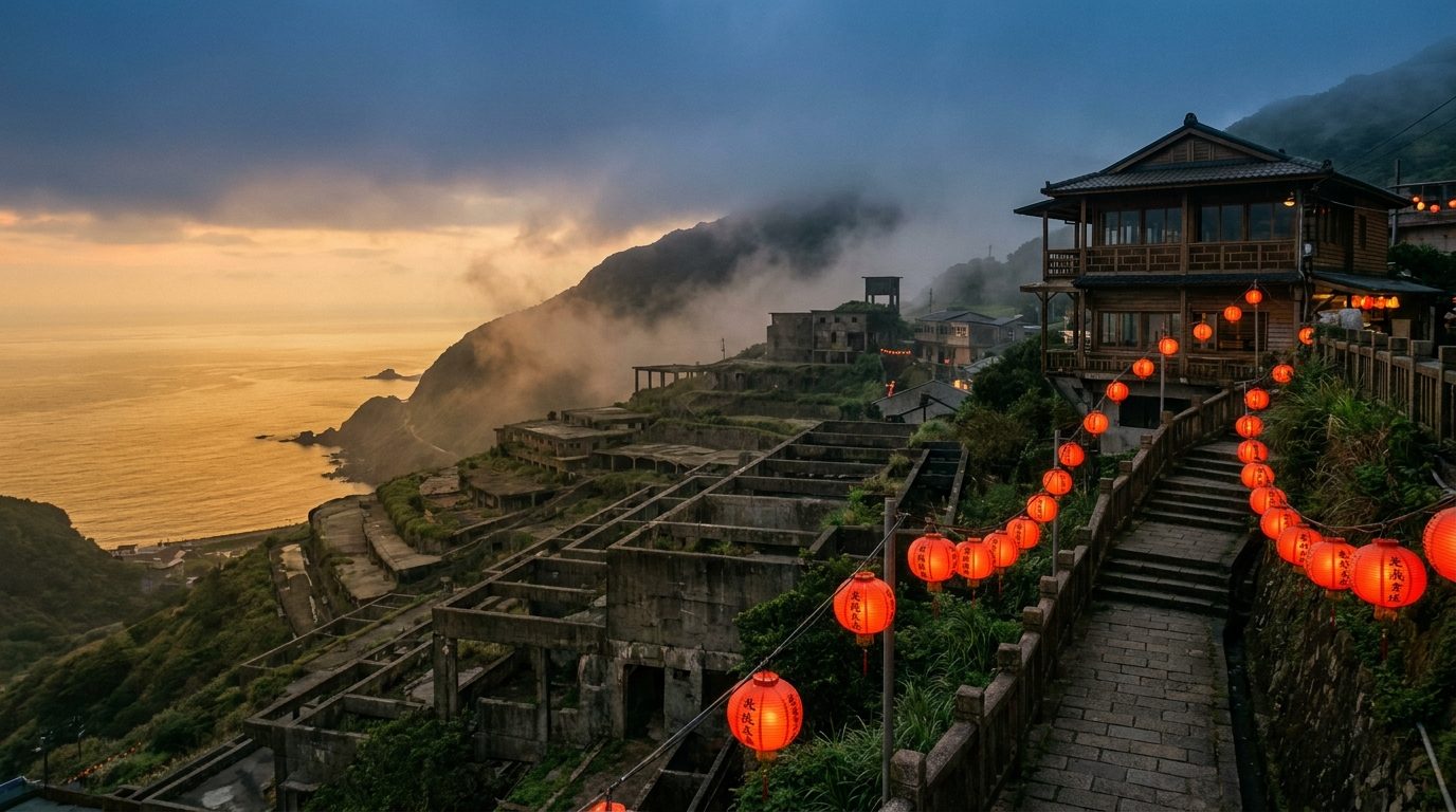 Shuinandong Thirteen Levels abandoned ore processing plant terraces above golden sea at dusk