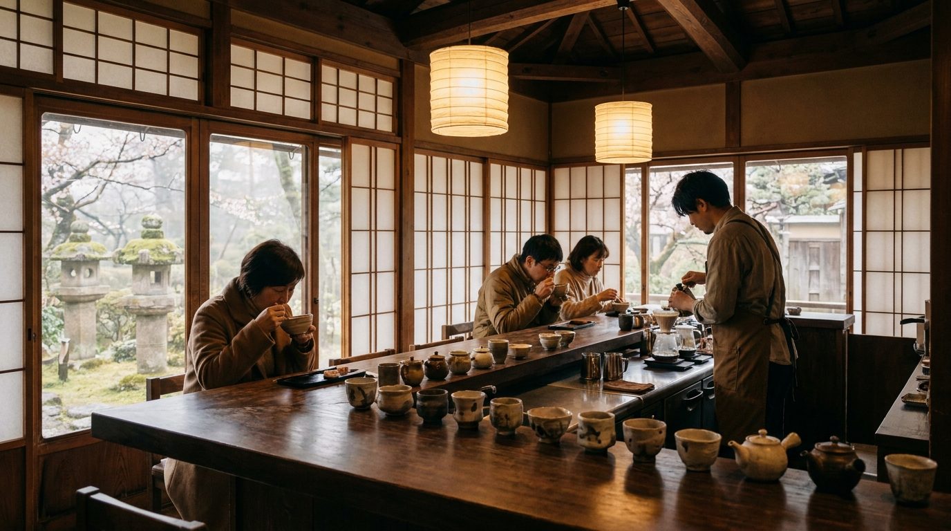 Kanazawa café interior with wooden counter and handmade ceramic cups morning light