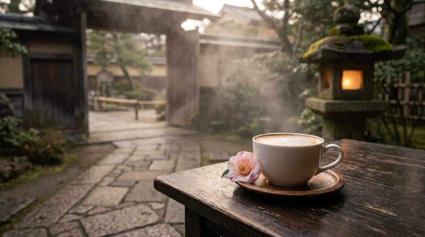 Kanazawa café au lait in white ceramic cup with wooden saucer and seasonal flower