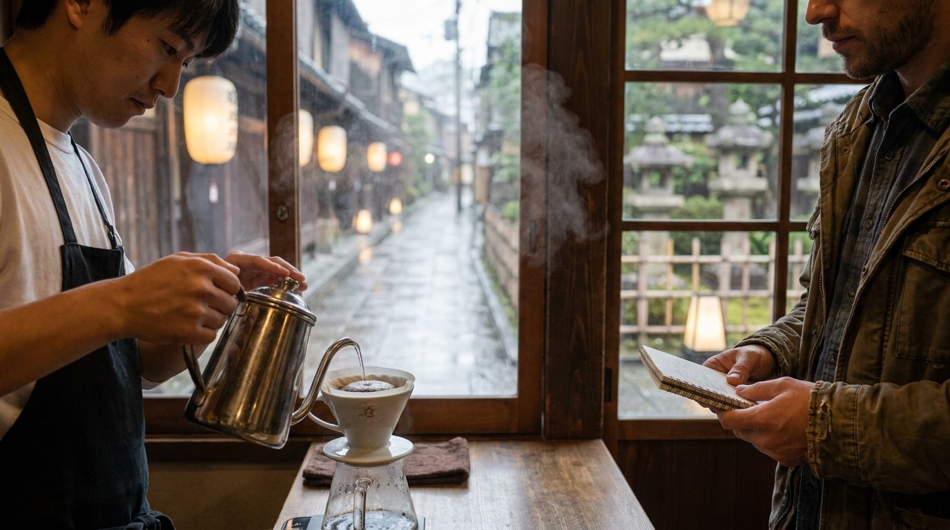 Specialty pour over coffee being brewed at Rec Coffee Kanazawa Hong Kong traveller